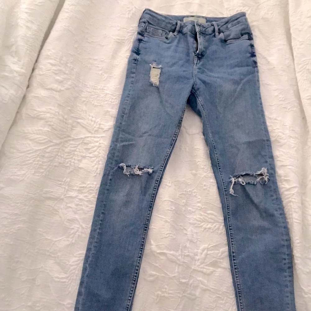 Topshop Jamie High Waisted Distressed Skinny Jeans in Mid Blue